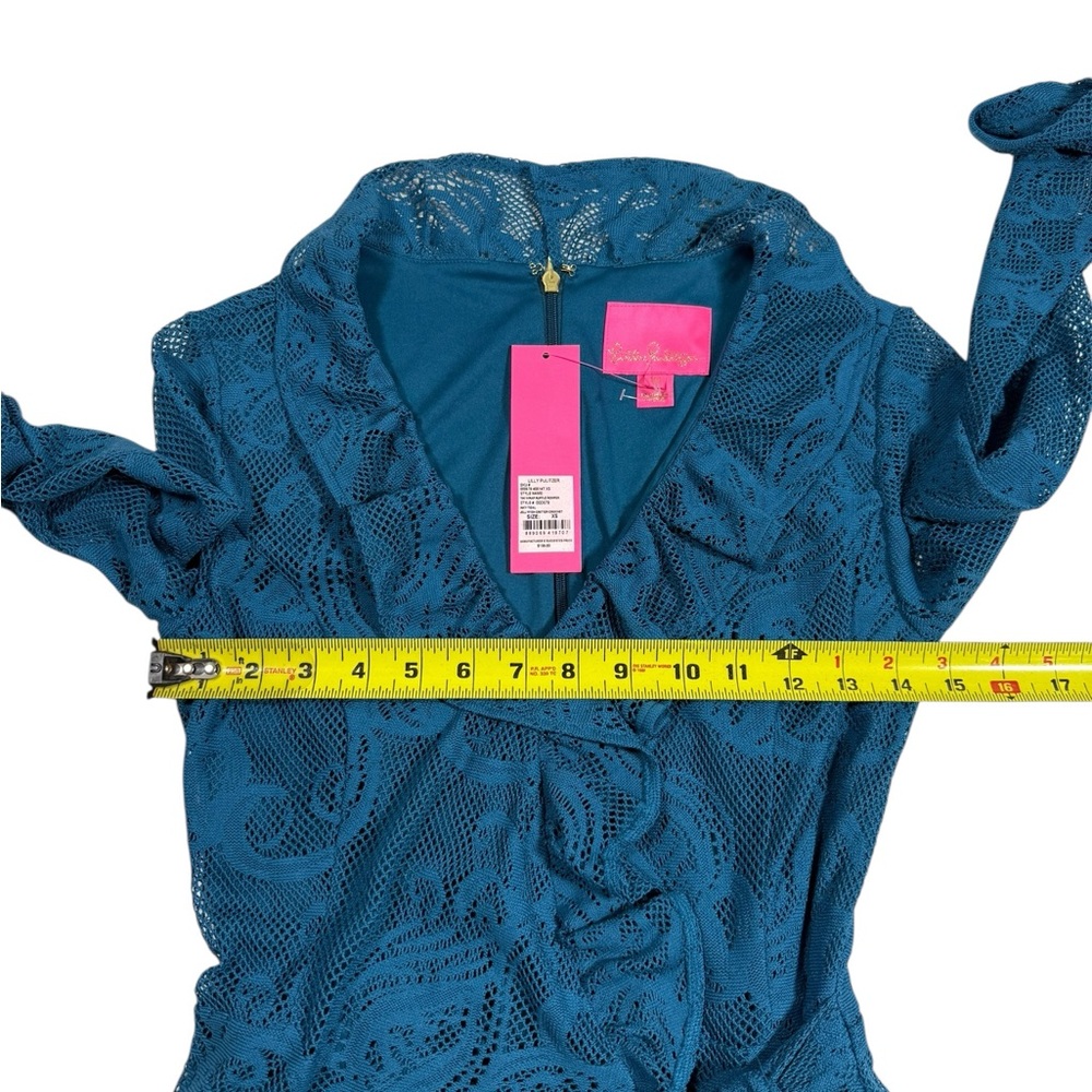 Lilly Pulitzer Tiki Wrap Ruffle Romper Sz XS Inky Teal Lace Long Sleeve NWT $198 - Picture 4 of 10